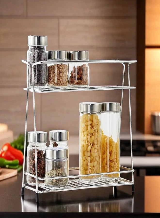 Homify Stainless Steel 2 Layer Spice Rack | Modular Kitchen Storage Organizer | Multipurpose Shelf for Countertop, Tabletop | Tiered Silver Rack - Image 1